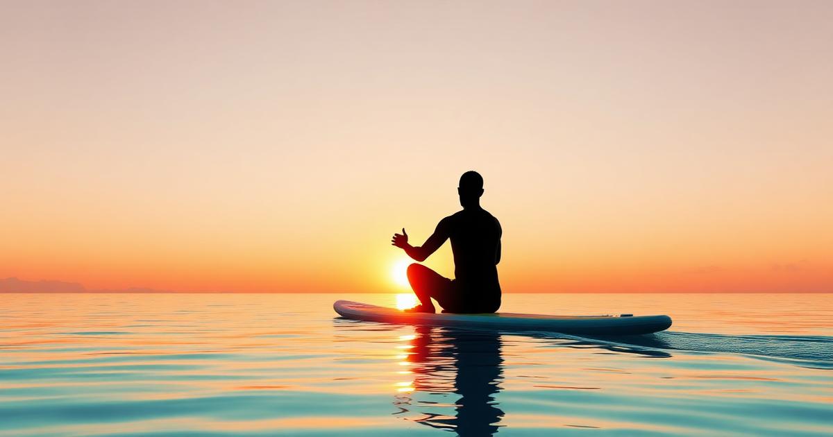 Ruhige meditierende Silhouette auf einem Paddleboard auf stillem türkisfarbenem Wasser bei Sonnenaufgang, repräsentiert Trading-Psychologie