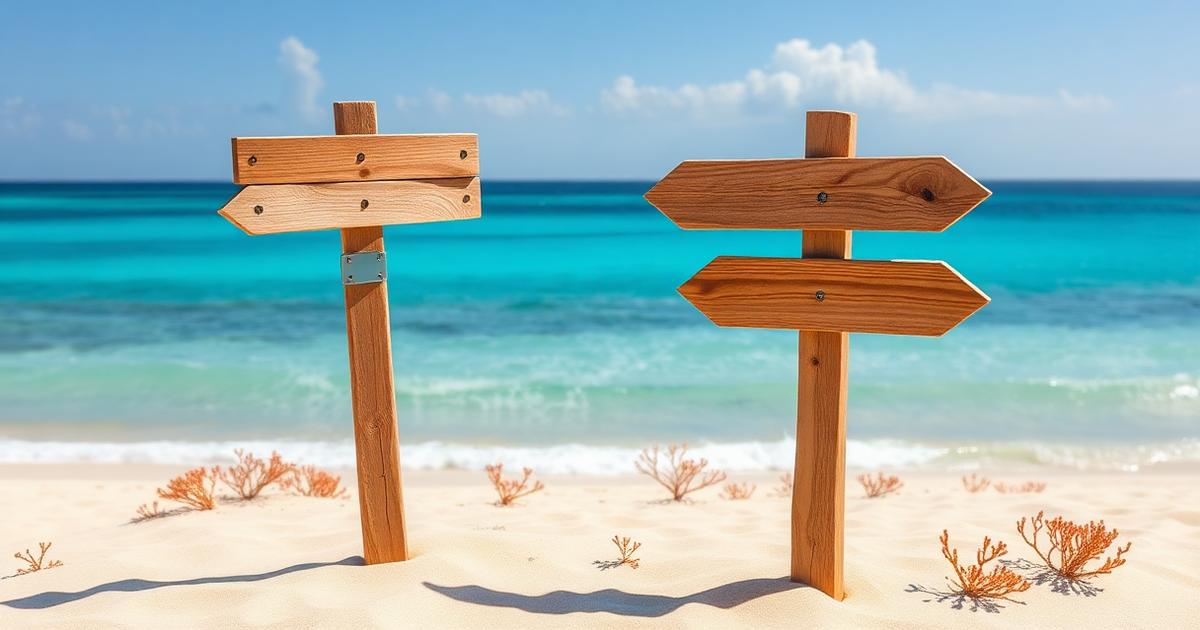 Hölzerne Wegweiser an einem sonnigen Strand, die in verschiedene Richtungen zeigen und Strategieentscheidungen von Einsteigern symbolisieren