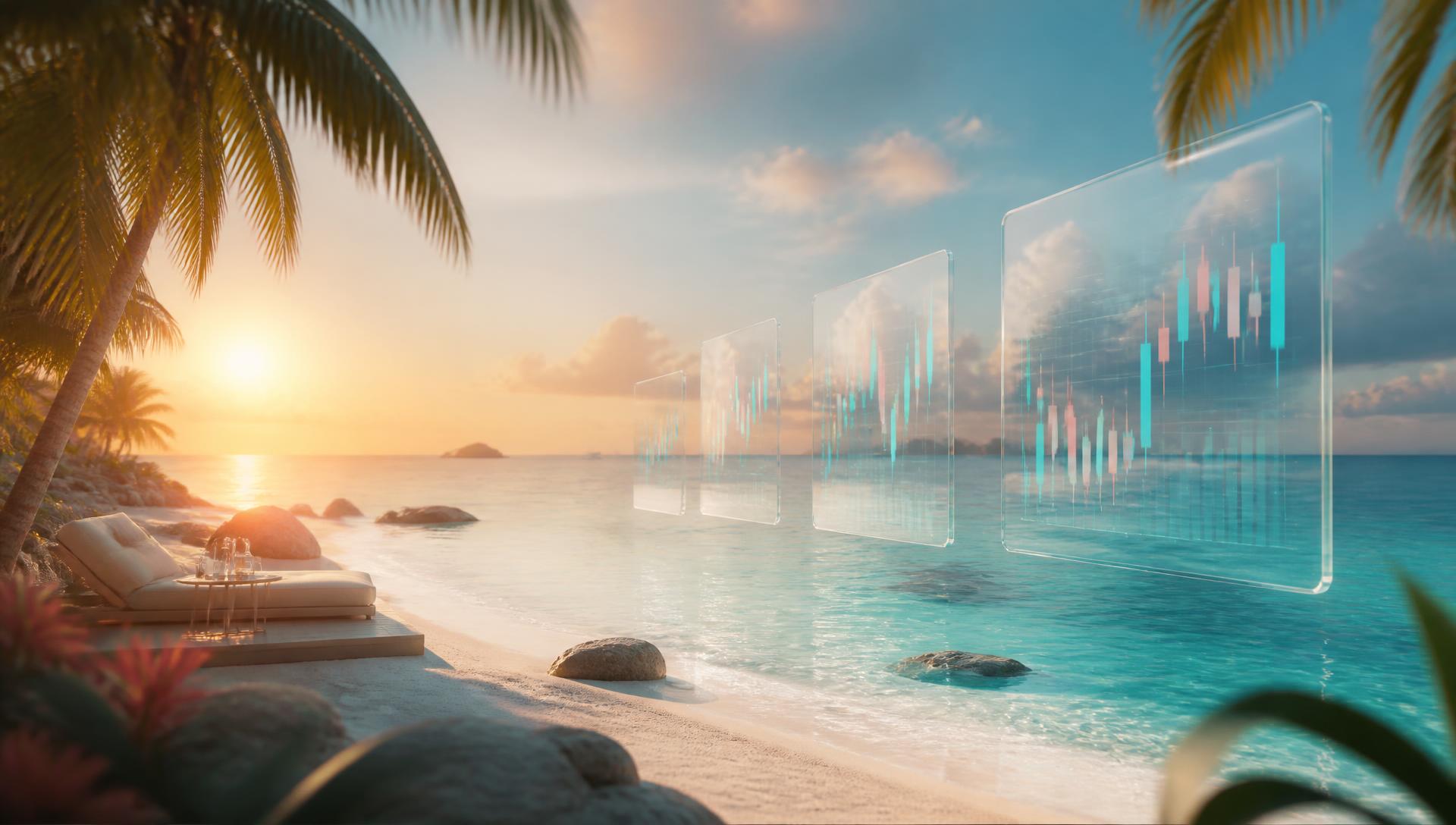 Sonniger Strand mit transparent schwebenden Chart-Panels als Symbol für unabhängiges Research zur Trading-Plattform Raxon24